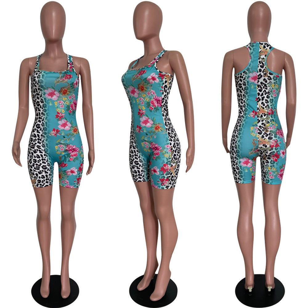 Sexy Floral Leopard Print Sleeveless Romper