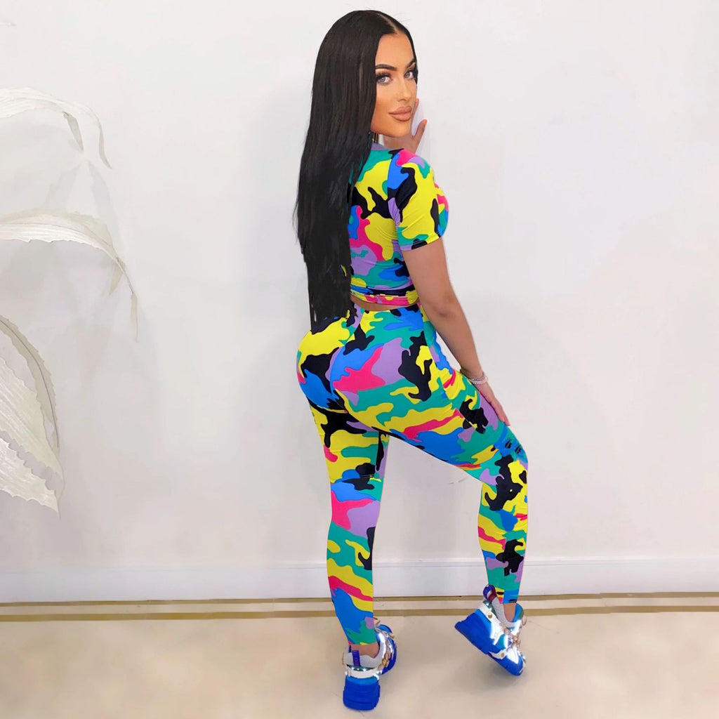 Sexy Print Short Sleeve T Shirt And Pant Two Piece Set
