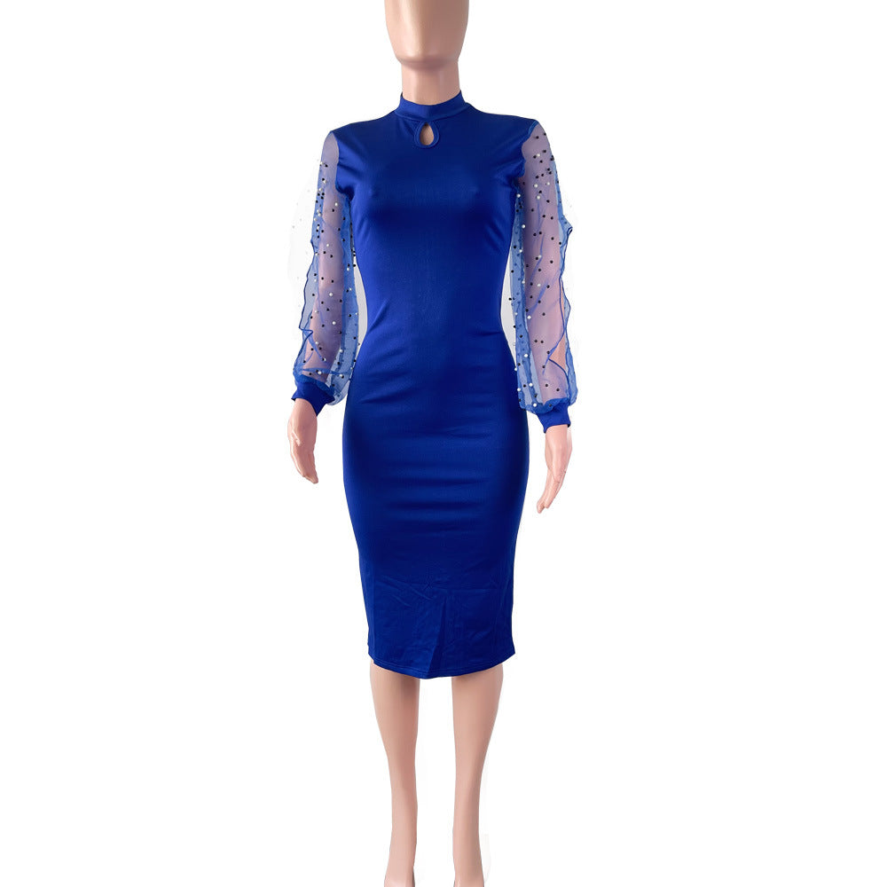 Sexy Solid Fashion Bead Long Sleeve Slim Midi Dress