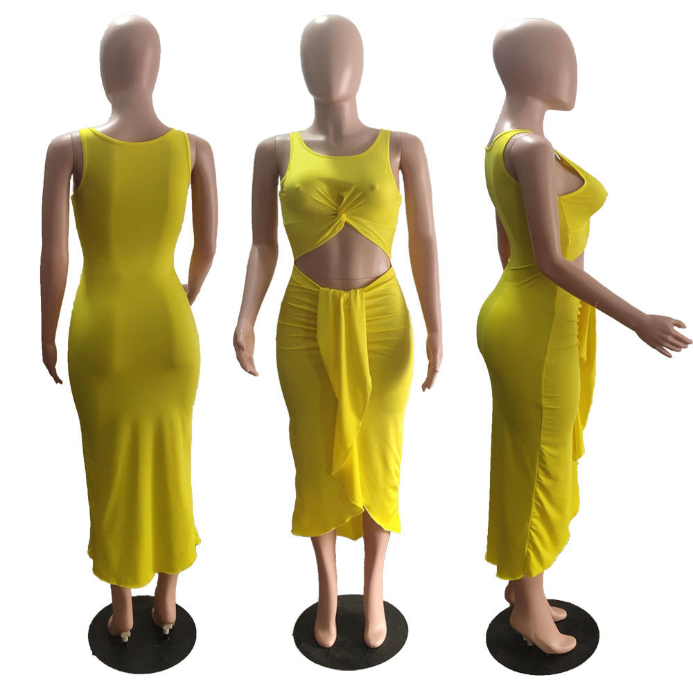 Sexy Solid Sleeveless Hollow Out Midi Dress