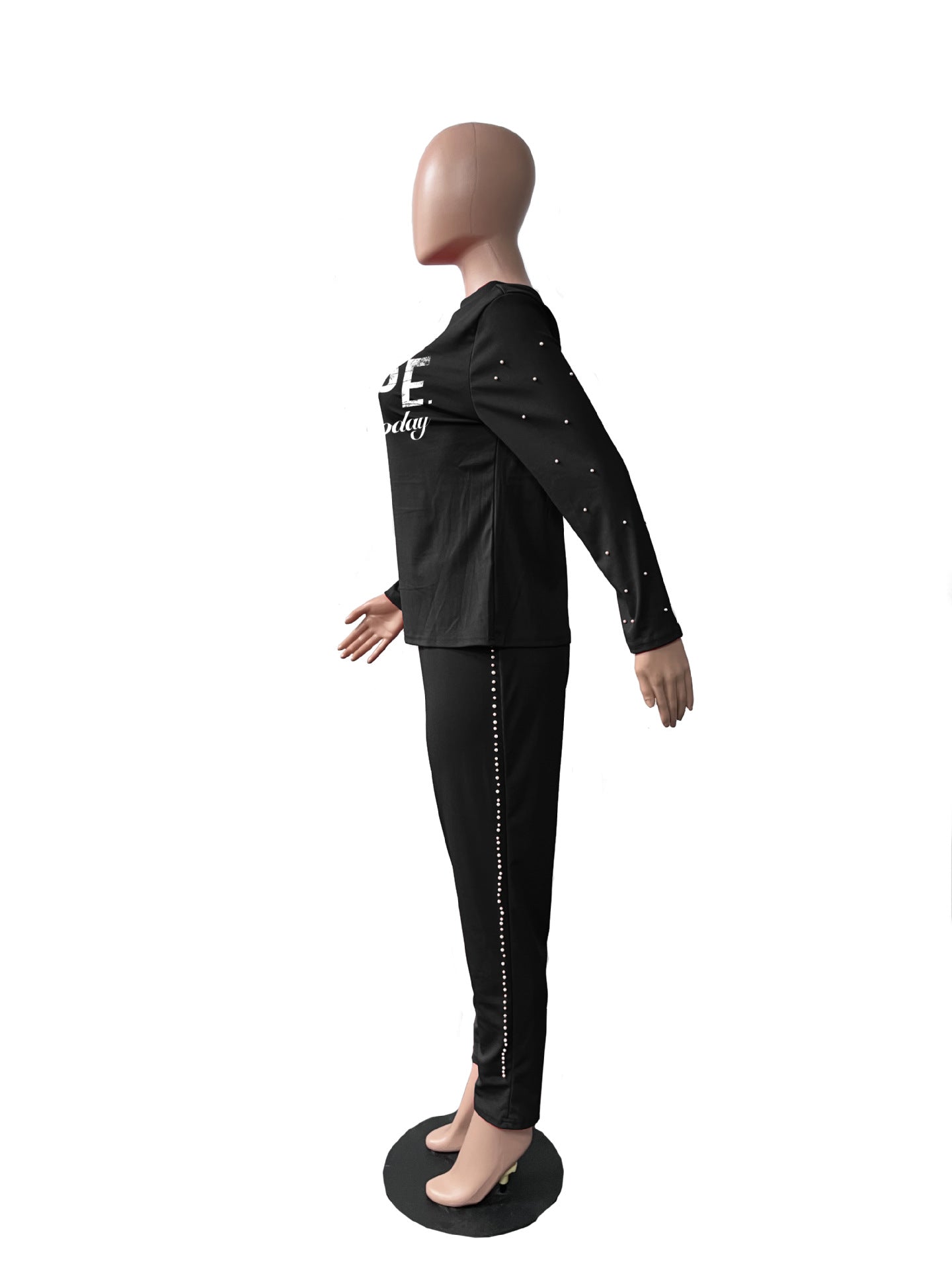 Sexy Pearl Decoration Long Sleeve Print Pant Casual Suit