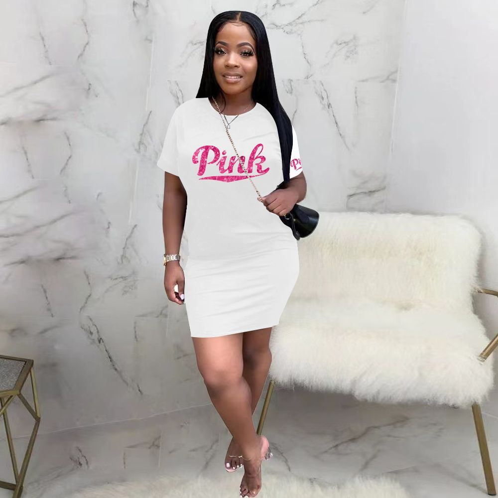 Sexy Sequin Pink Letter Print Short Sleeve Mini Dress