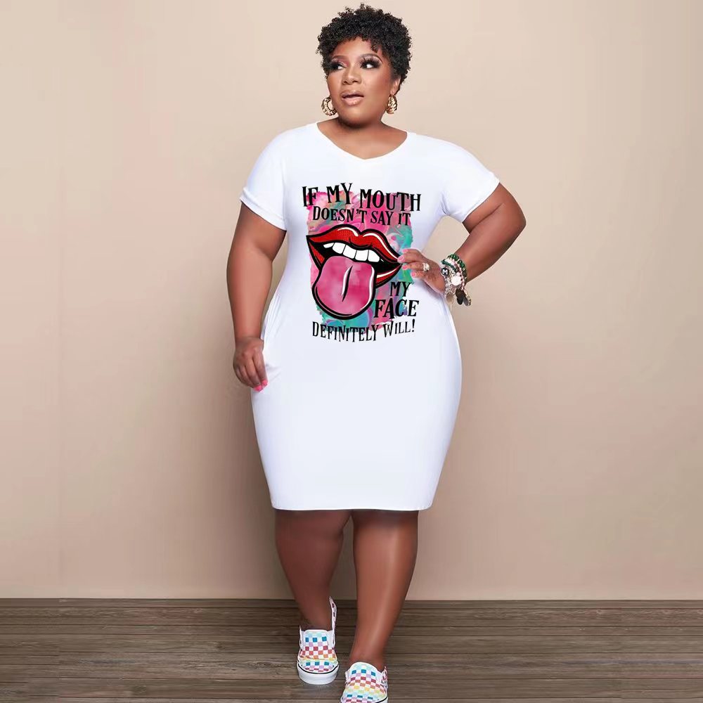 Sexy Plus Size Lip Print Short Sleeve T Shirt Dress