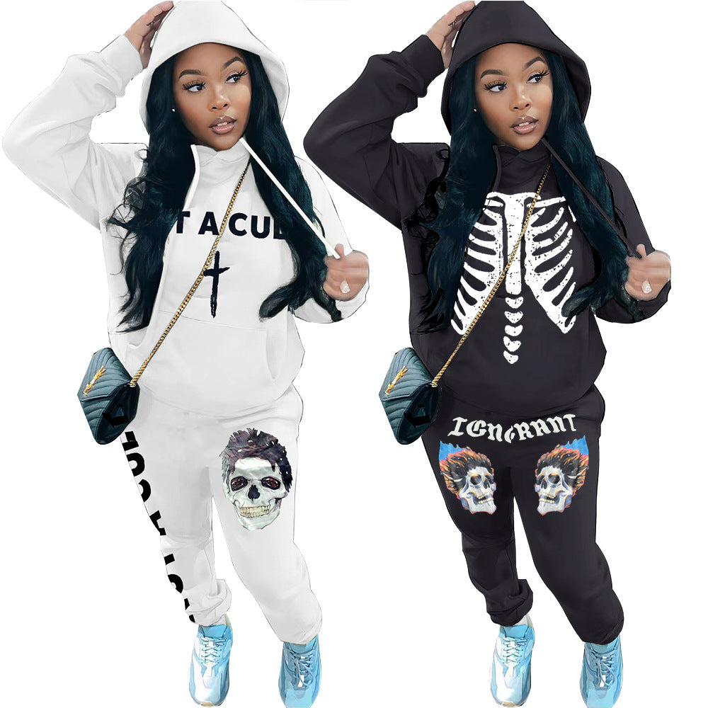 Sexy Skull Print Long Sleeve Hooded Two Piece Set