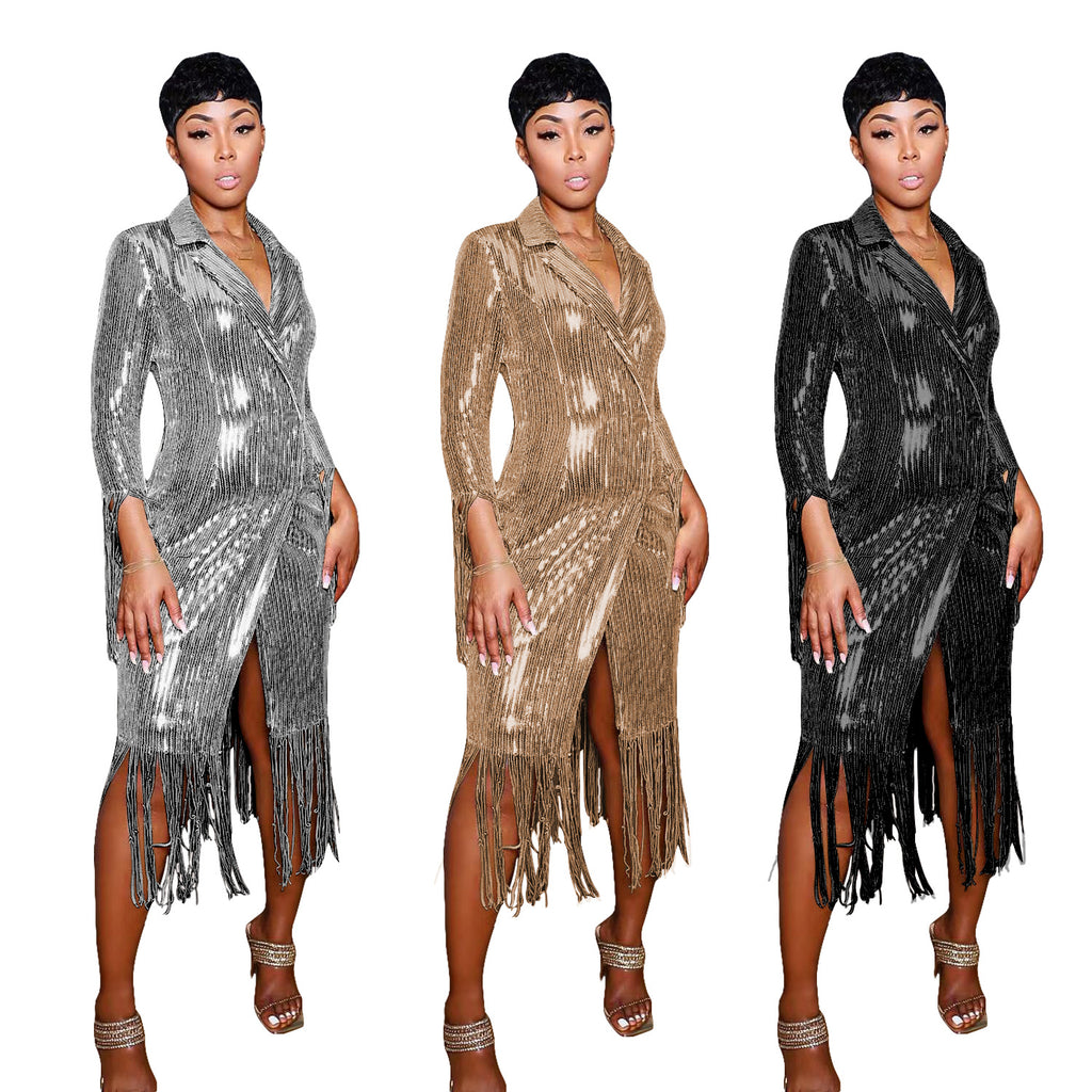 Sexy Shiny Sequins Tassel Long Sleeve Midi Dress