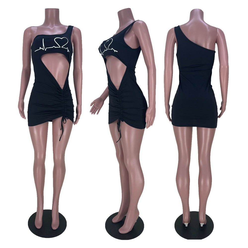Sexy Sexy One Shoulder Drawstring Hollow Out Mini Dress
