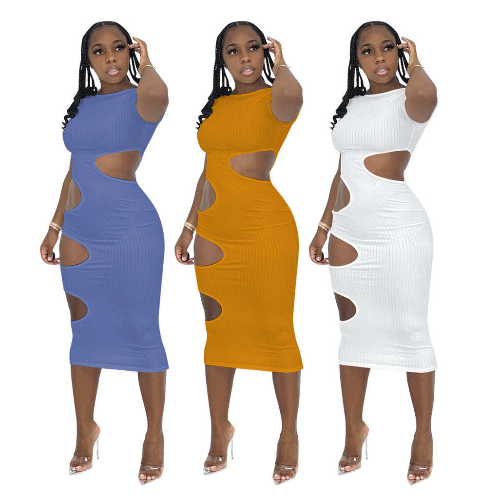 Sexy Solid Short Sleeve Hollow Out Midi Dress