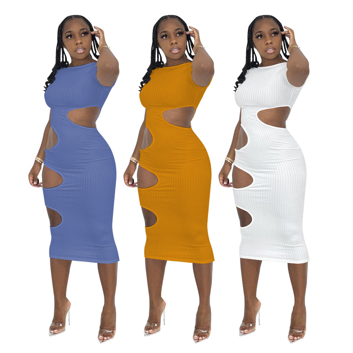 Sexy Solid Short Sleeve Hollow Out Midi Dress