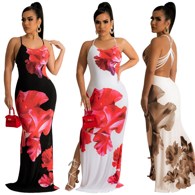 Sexy Flower Print Backless Cross Strap Split Maxi Dress