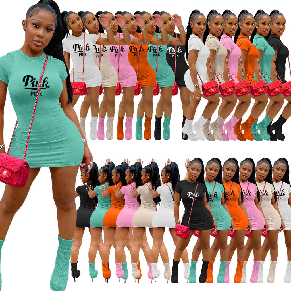 Sexy Pink Letter Short Sleeve O Neck Mini Dress