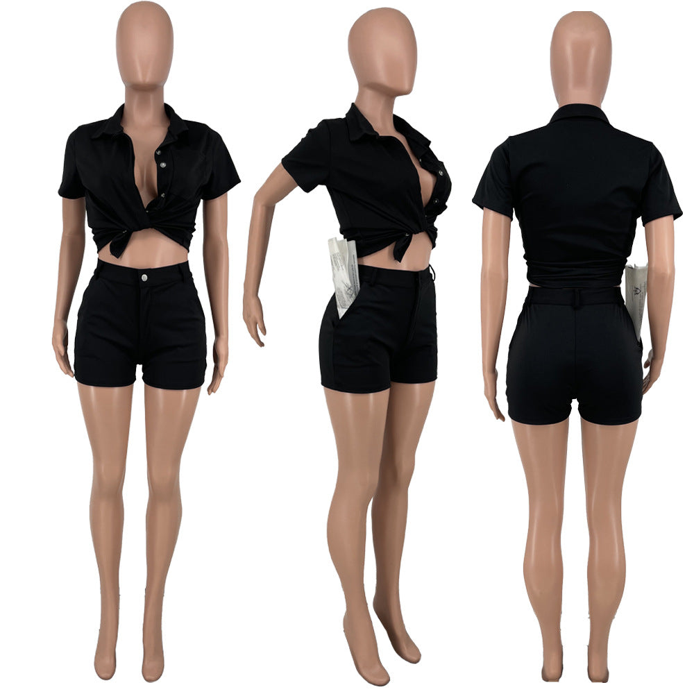 Sexy Solid Short Sleeve Shirt Top And Shorts 2 Piece Sets