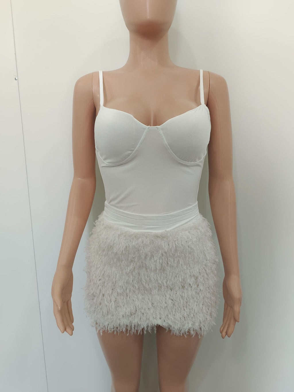 Sexy Sexy Solid Sling And Hairy Skirt 2 Piece Set