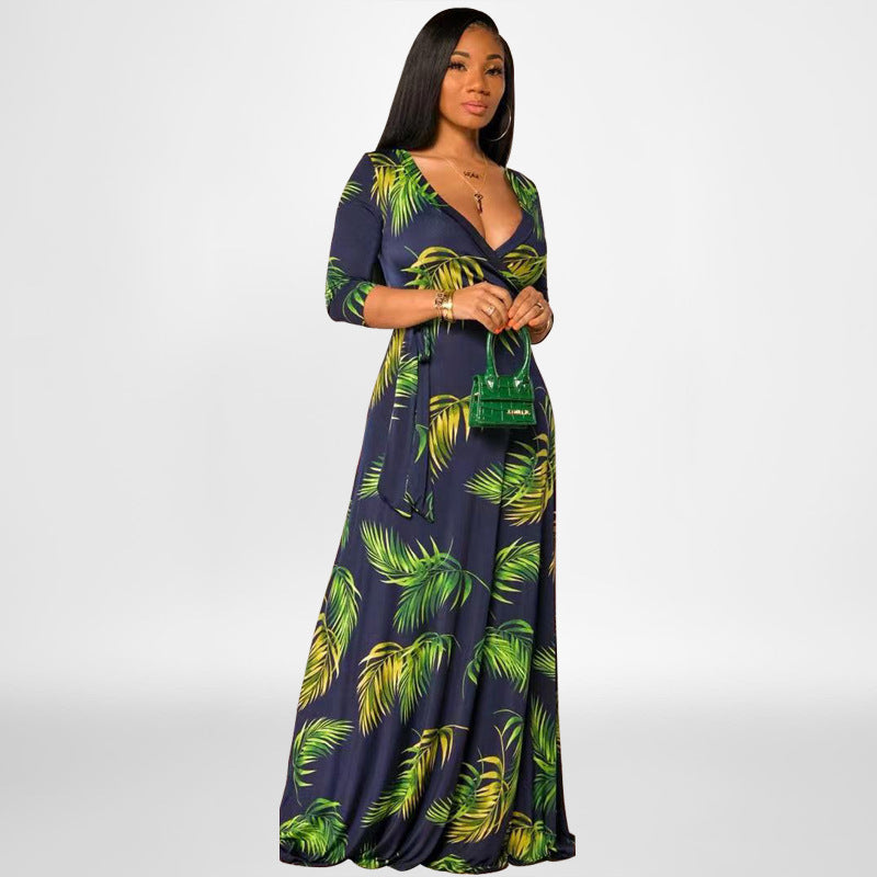 Sexy Plus Size Floral Print 3/4 Sleeve V Neck Sashes Maxi Dress