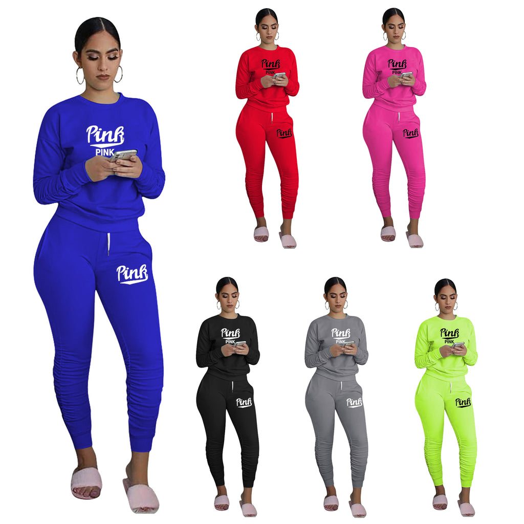 Sexy Casual PINK Letter Print Long Sleeve And Pants 2 Piece Set