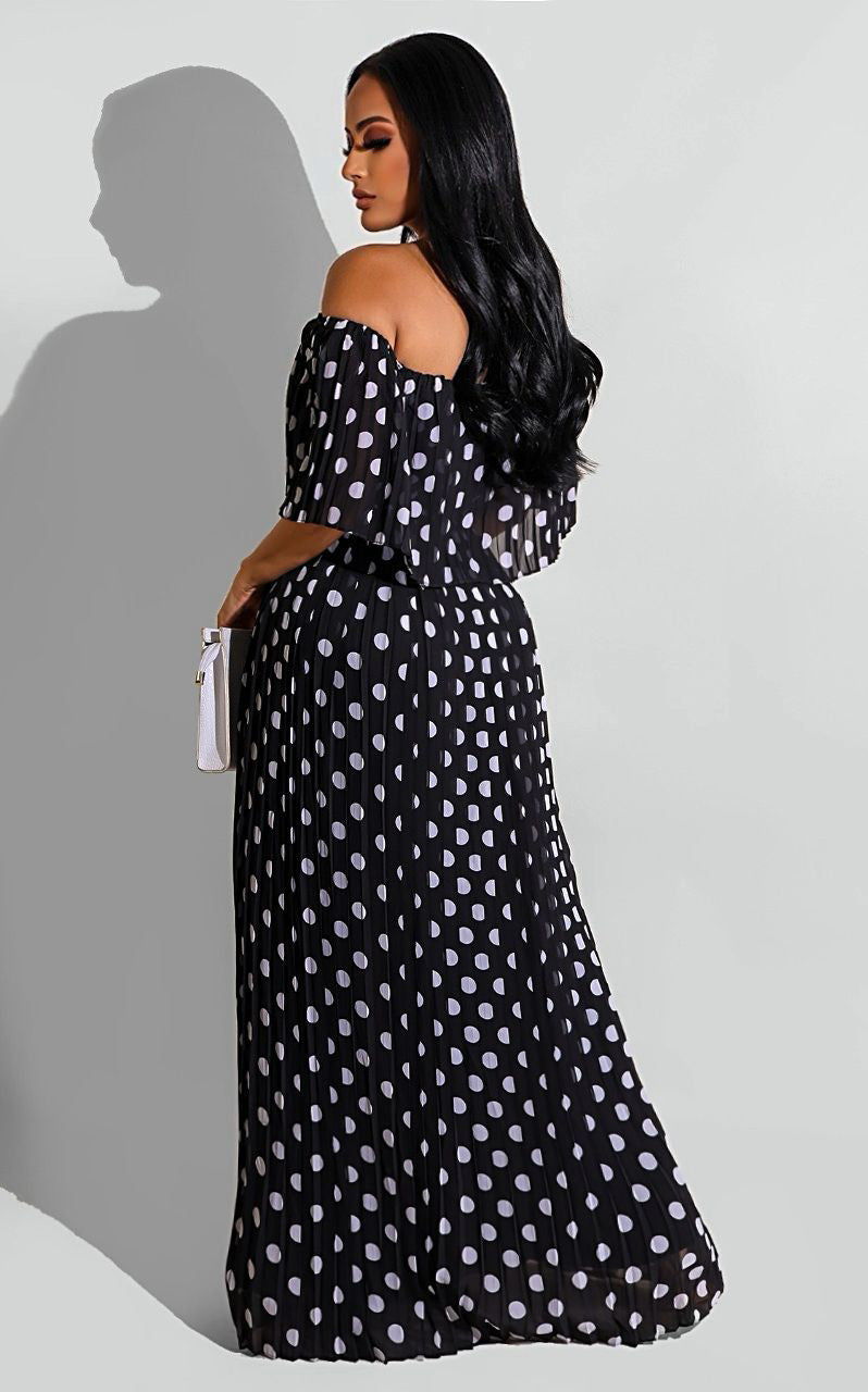 Sexy Chiffon Polka Dot Print Slash Neck Pleated Maxi Dress