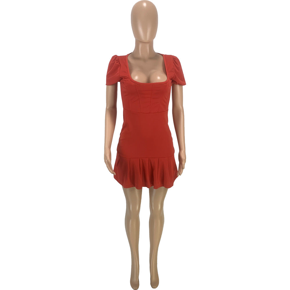 Sexy Solid Puff Sleeve Pleated Mini Dress