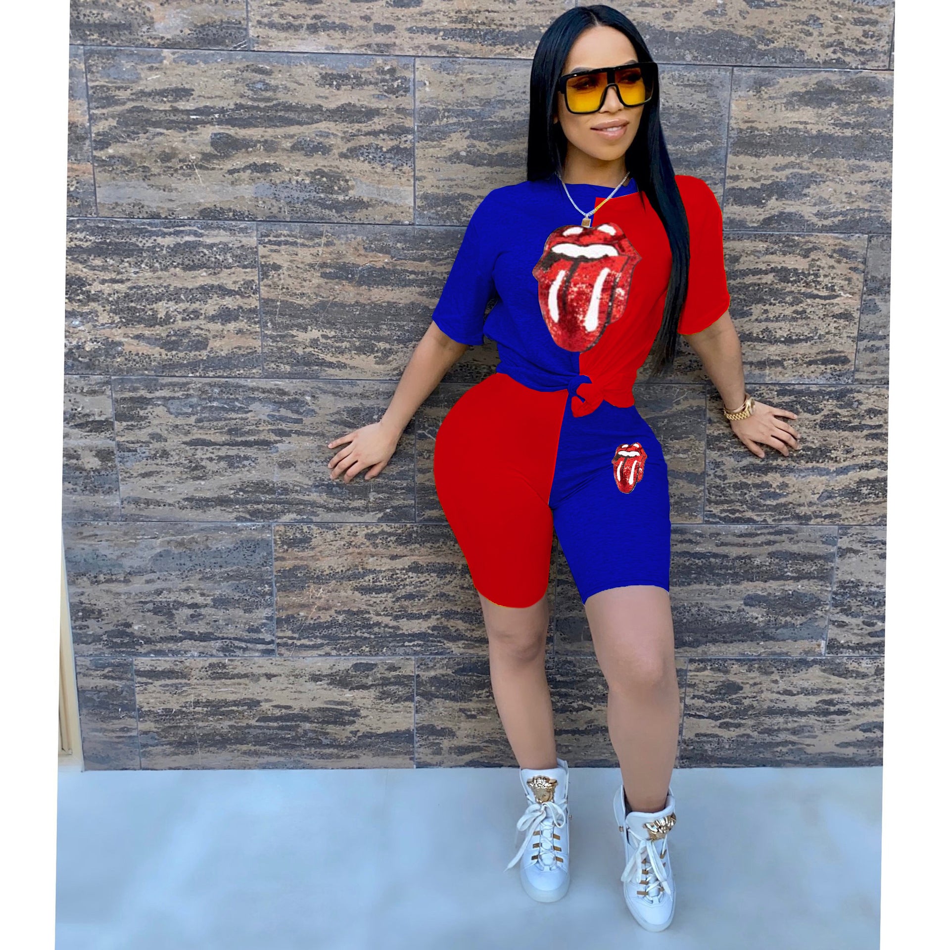 Sexy Fashion Casual Sequin Splice Short Sleeve Shorts  Two Piece Sets