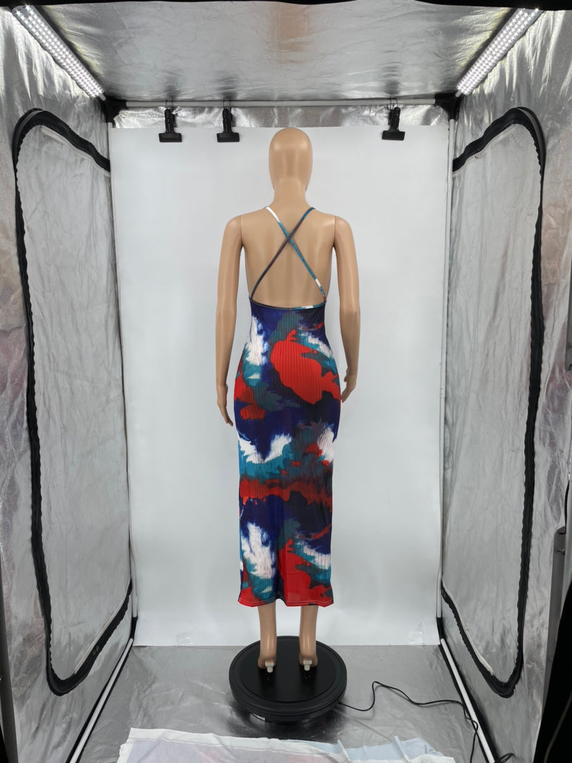 Sexy Tie Dye Print Cross Strap Slim Maxi Dress