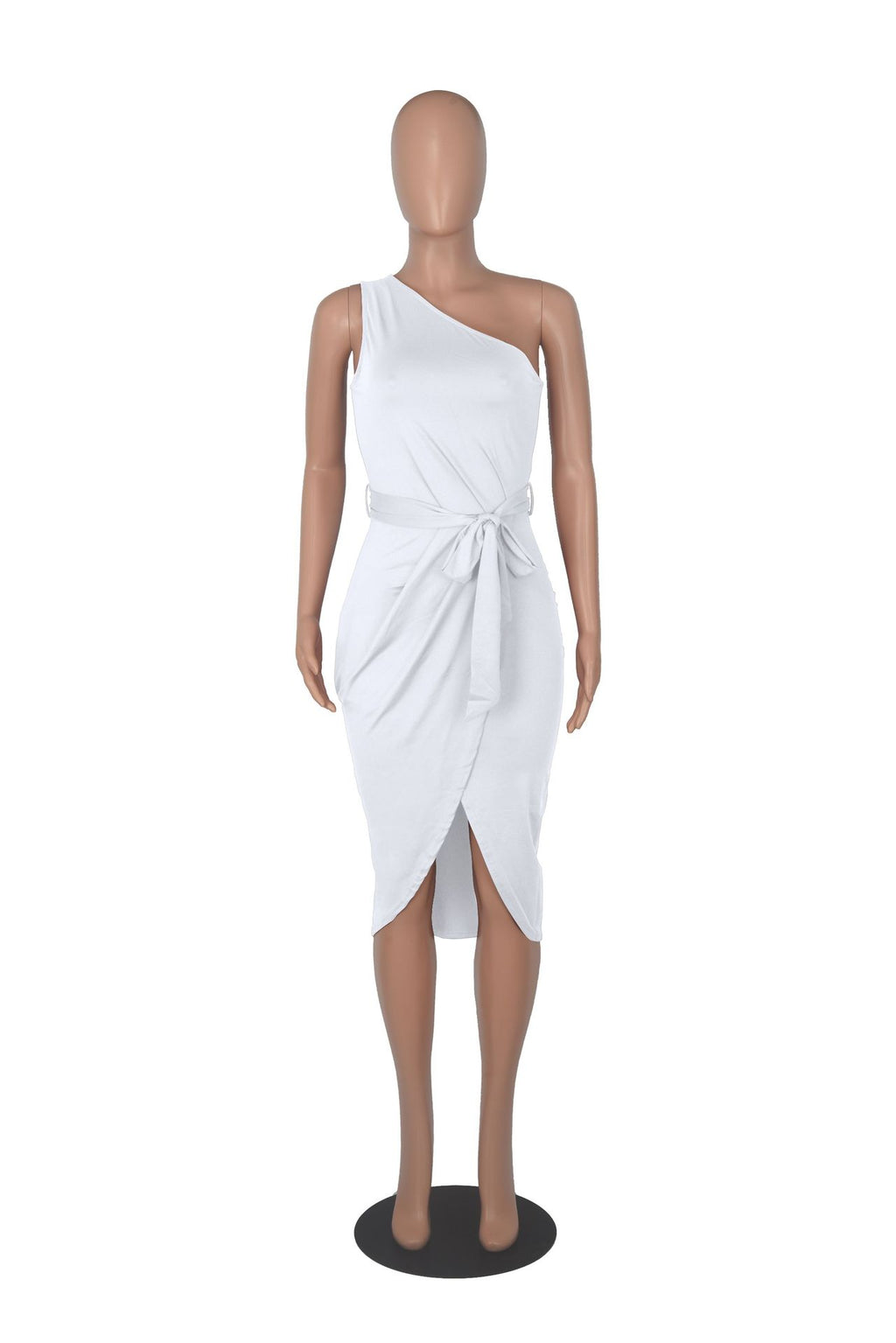 Sexy Solid One Shoulder Sleeveless Sashes Midi Dress