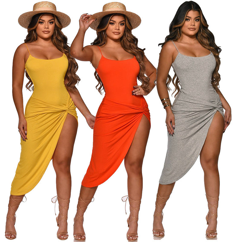 Sexy Solid Color Sexy Sling Irregular Midi Dress