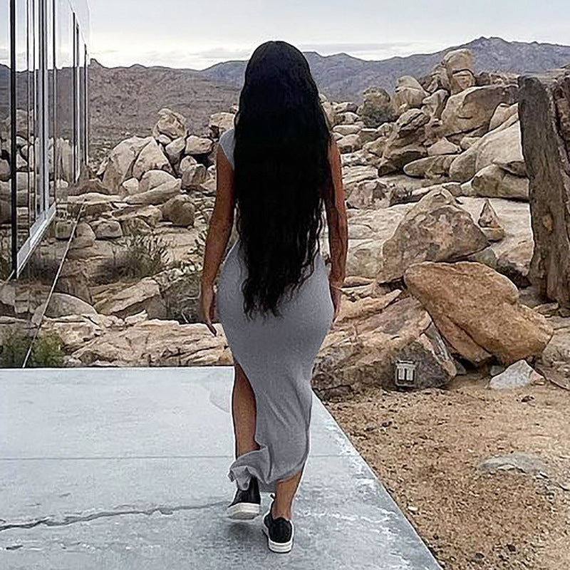 Sexy Solid Ribbed One Shoulder Split Maxi Dress