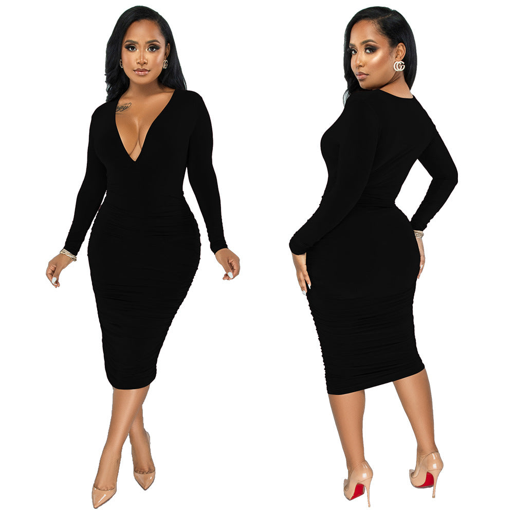 Sexy Solid Color Long Sleeve Skinny Ruched V-neck Midi Dress