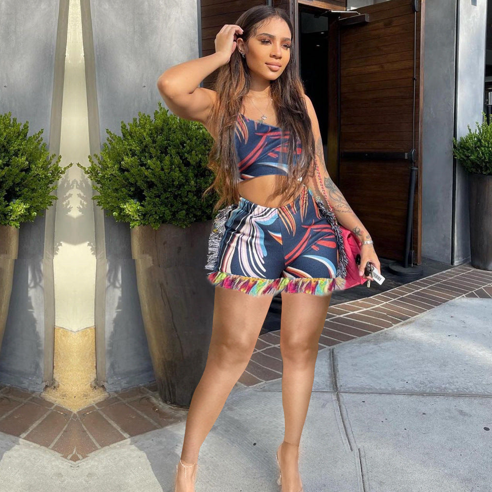Sexy Sexy Printed One Shoulder Tassel Shorts 2 Piece Sets