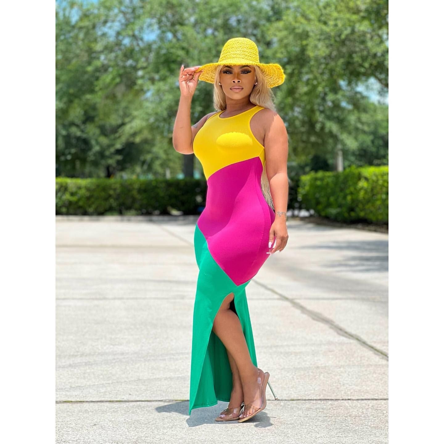 Sexy Contrast Color Sleeveless Split Long Dress
