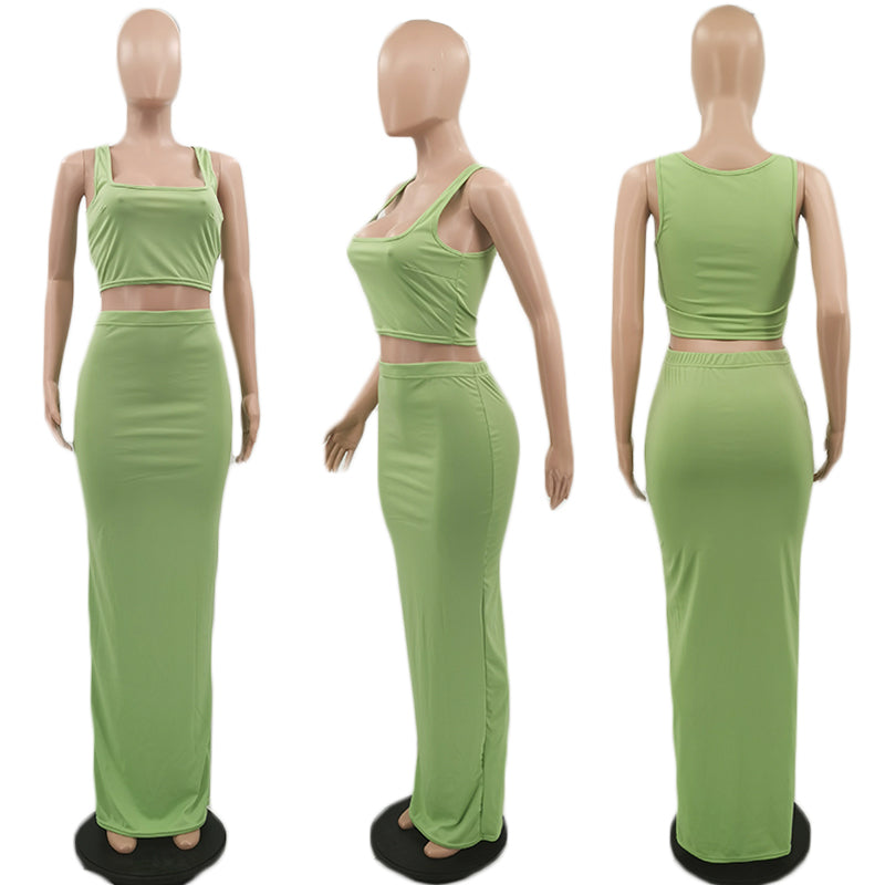 Sexy Casual Solid Tank Top Long Skirt 2 Piece Sets