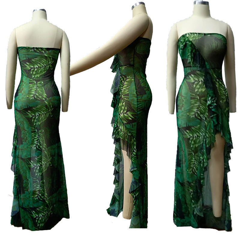 Sexy Tube Top Ruffle Sexy Print Beach Maxi Dress