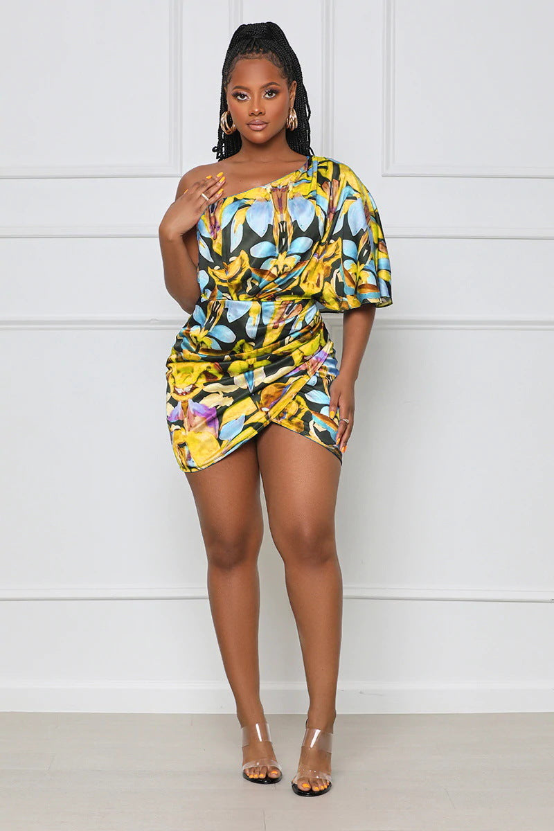 Sexy Floral Print One Shoulder Mini Dress