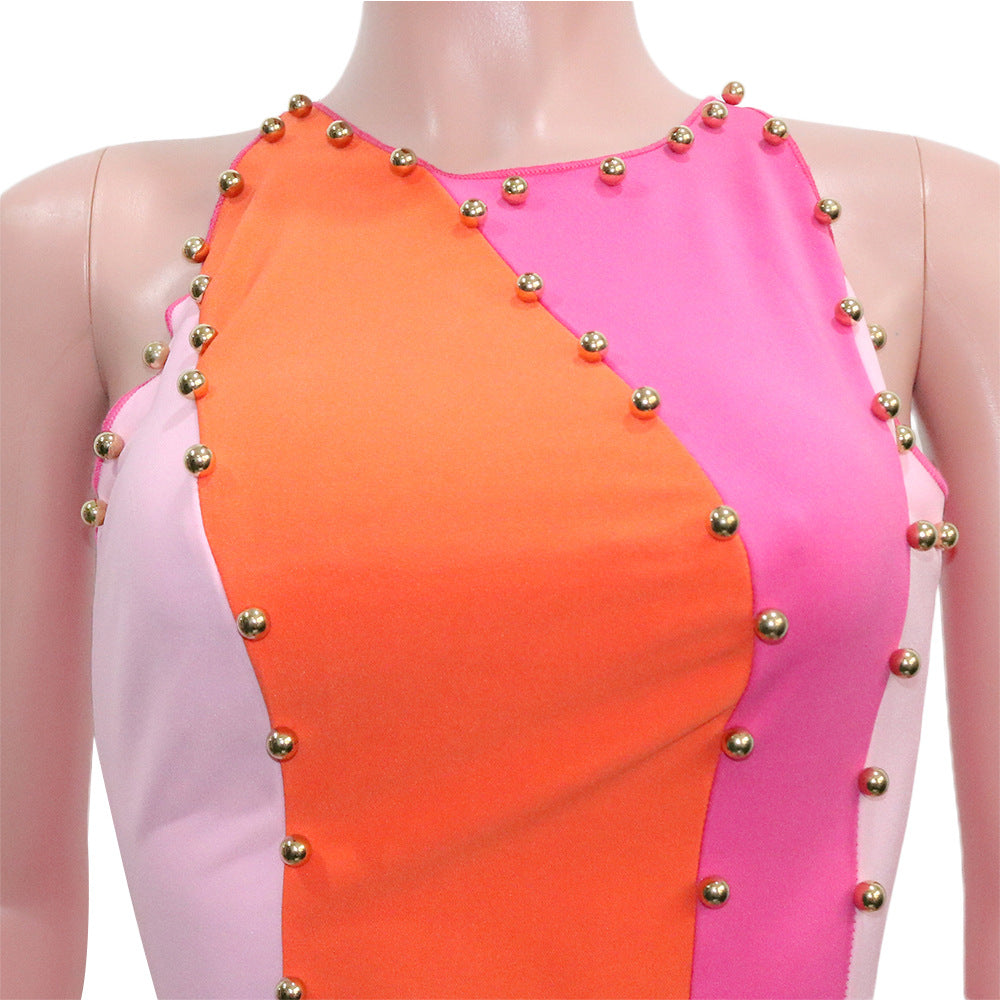 Sexy Contrast Color Beading Sleeveless Irregular Mini Dress
