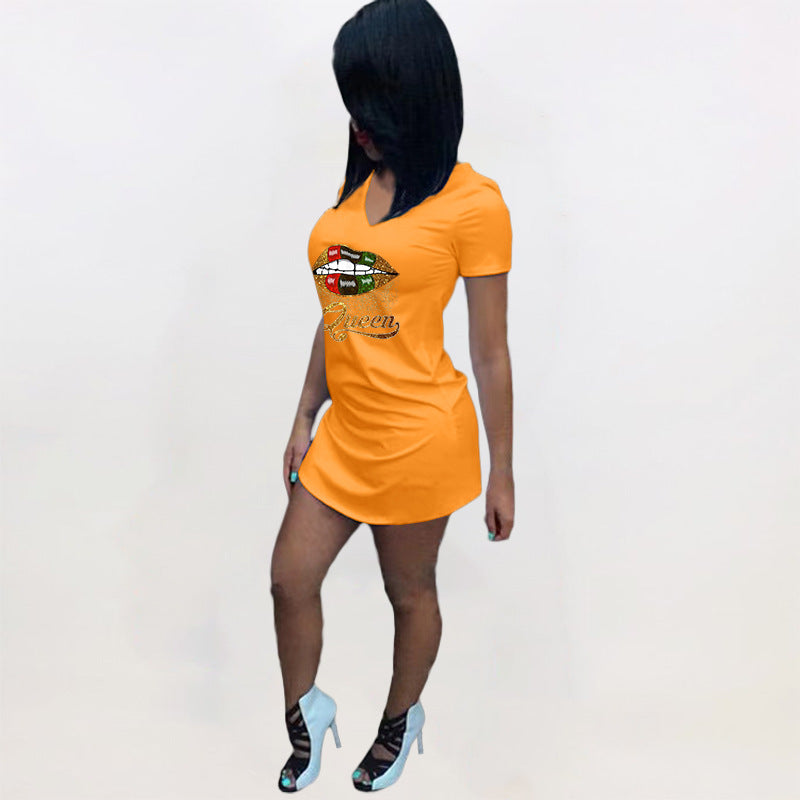 Sexy Lip Print V Neck Short Sleeve Mini Dress