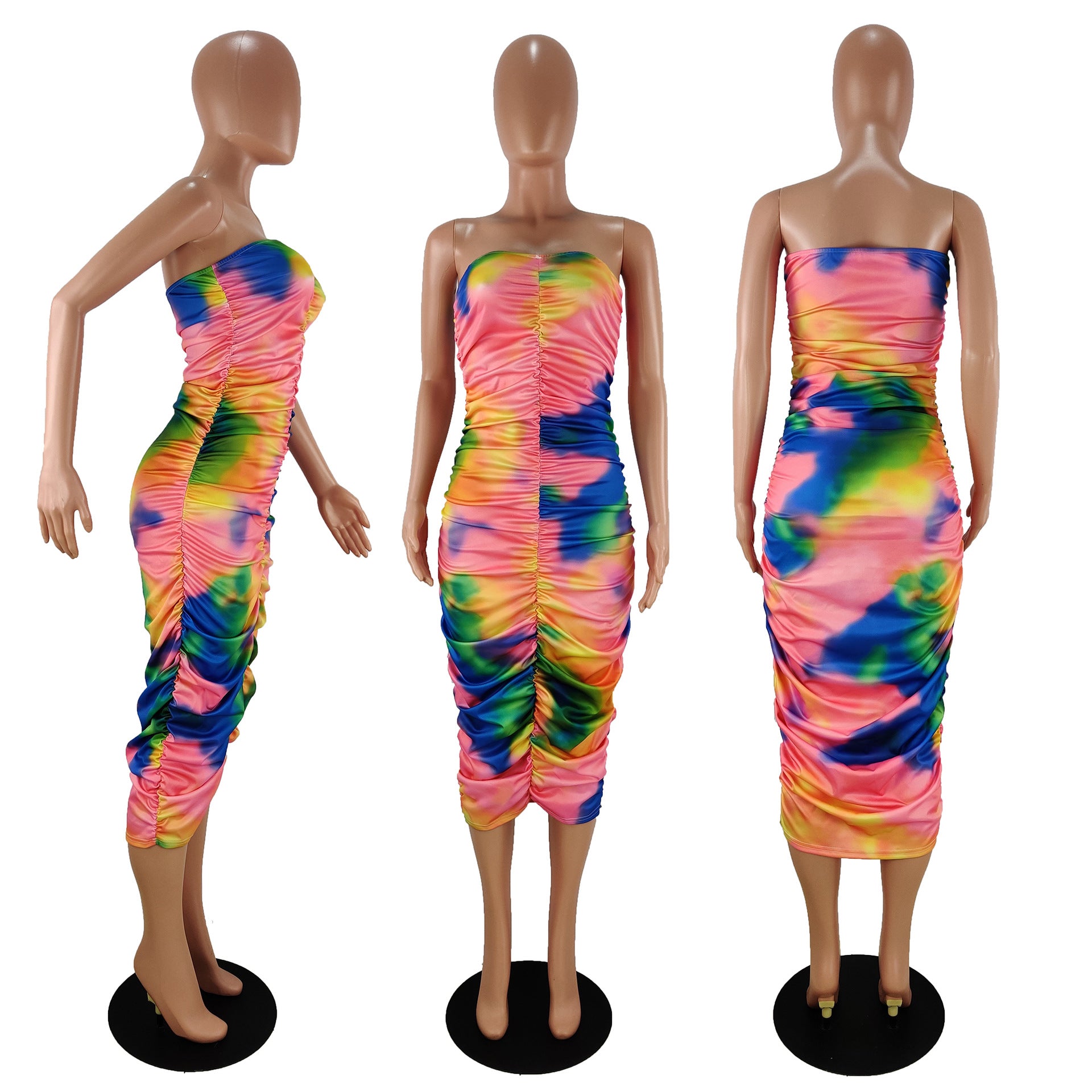 Sexy Tie Dye Print Ruched Bodycon Midi Dress