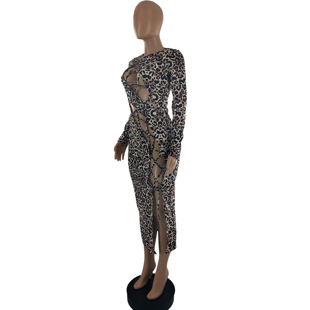 Sexy Sexy Leopard Lace-Up Full Sleeve Long Dress