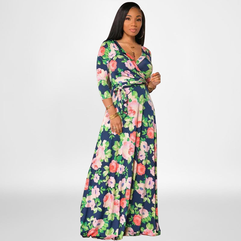Sexy Plus Size Floral Print V Neck 3/4 Sleeve Sashes Maxi Dress