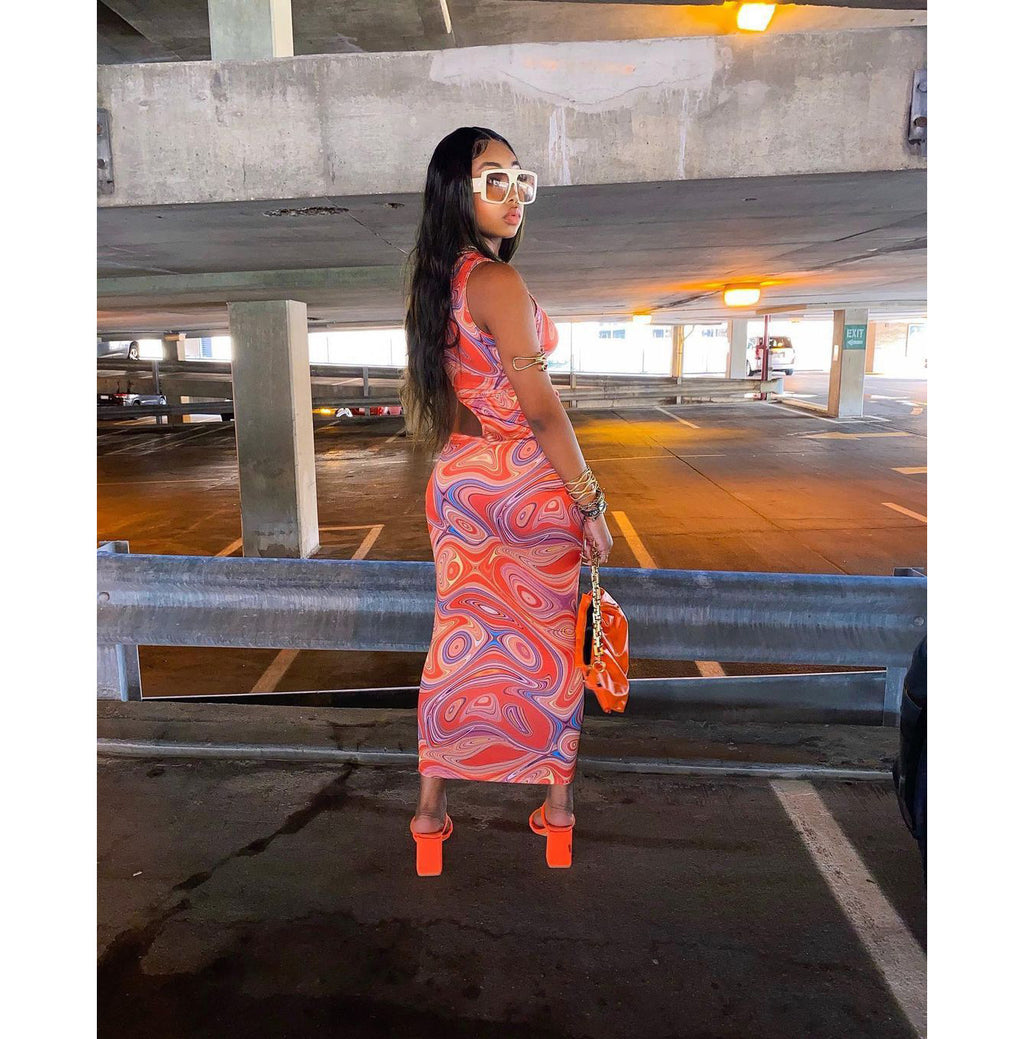 Sexy Sexy Printed Hollow Out Sleeveless Maxi Dress