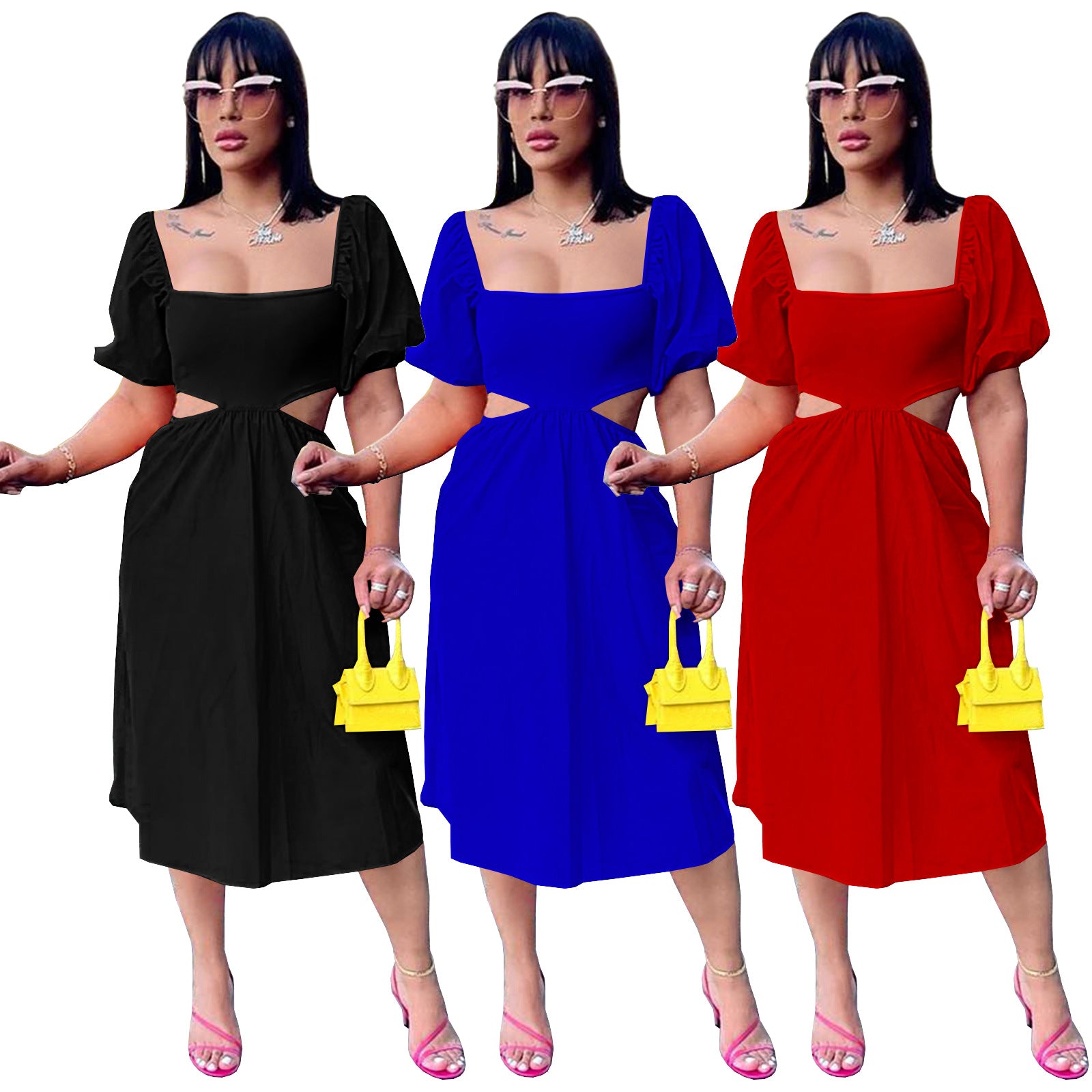 Sexy Solid Short Sleeve Hollow Out Midi Dress