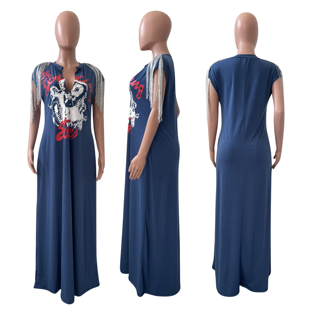 Sexy Casual Printed Tassel Sleeveless Pocket Maxi Dress