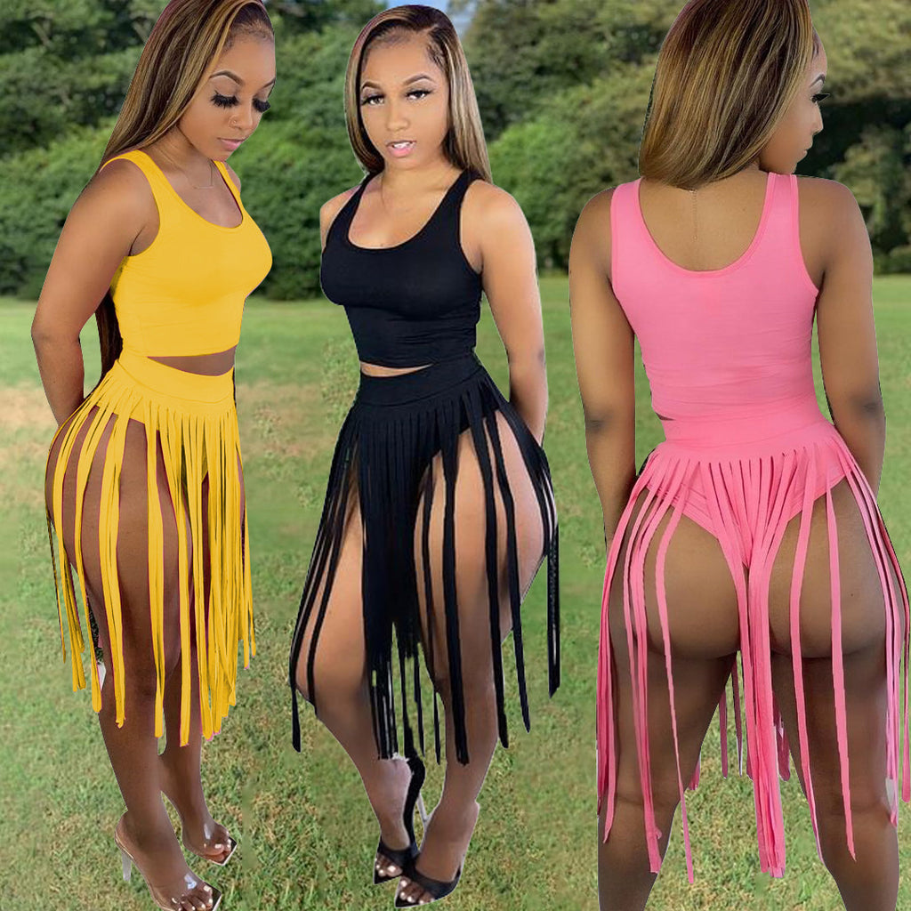 Sexy Solid Tank Top Tassel Skirt Two Piece Sets