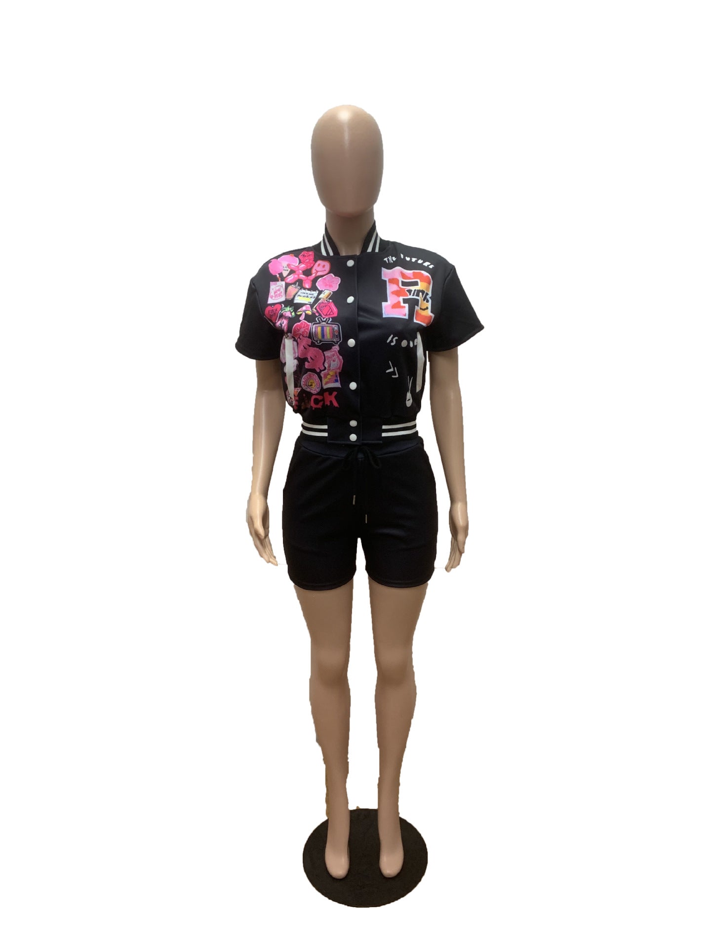 Sexy Fashion Printing Press Button Baseball Jacket Shorts Set