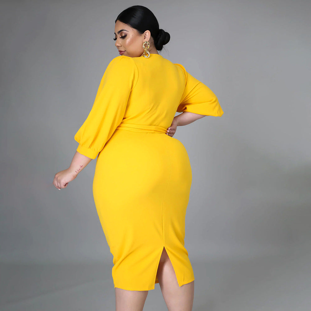 Sexy Plus Size Solid 3/4 Sleeve Sashes Midi Dress