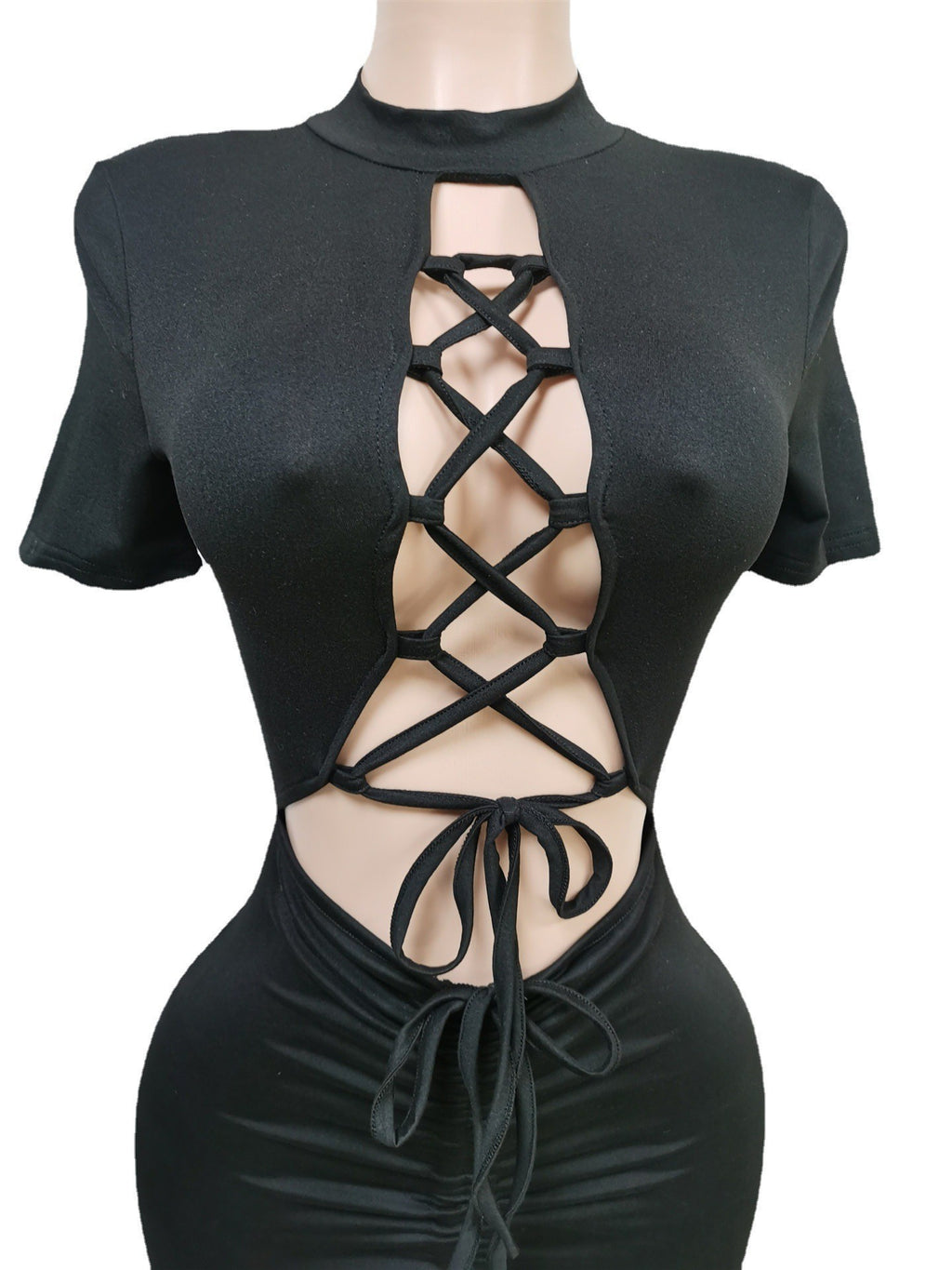 Sexy Solid Short Sleeve Lace-Up Hollow Midi Dress