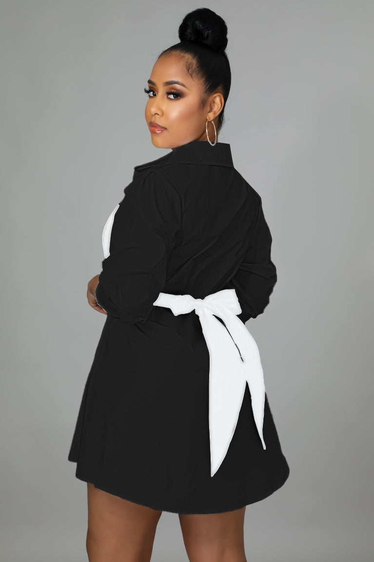 Sexy Contrast Colot Bow-Tie Long Sleeve Shirt Dress