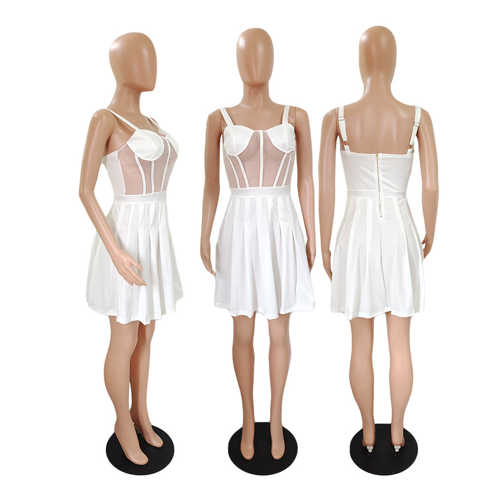 Sexy Sexy Mesh Patchwork Pleated Sling Mini Dress