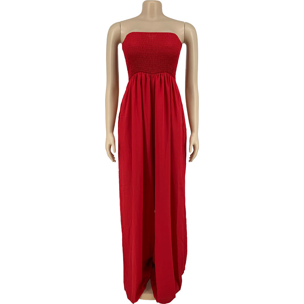 Sexy Plus Size Solid Off Shoulder Strapless Wide Leg Jumpsuit