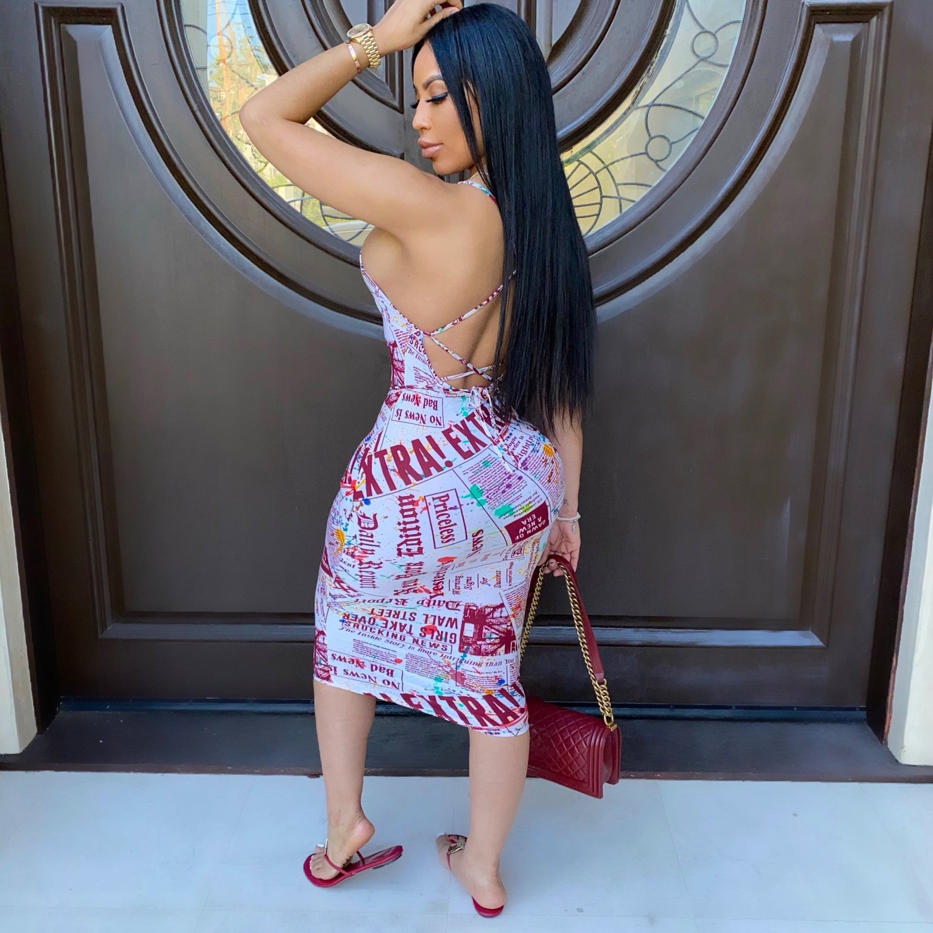 Sexy Letter Print Sleeveless Sling Midi Dress