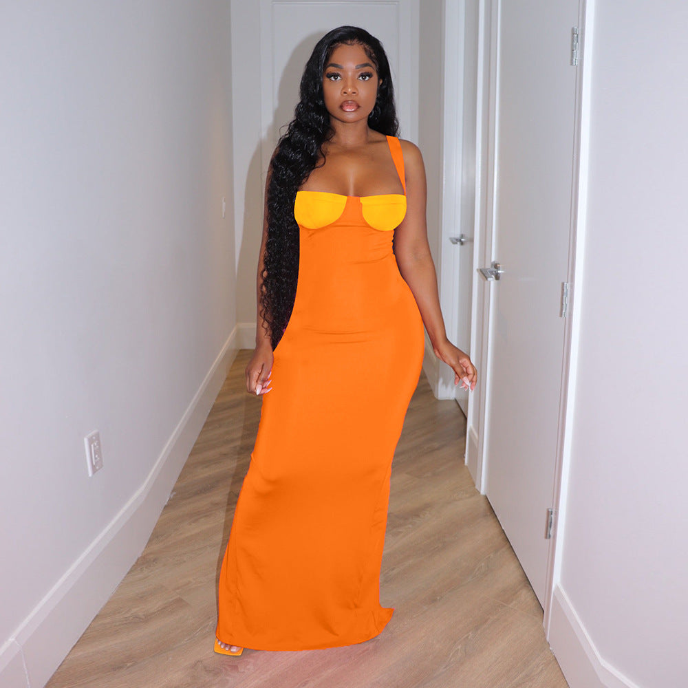 Sexy Contrast Colot Strap Split Maxi Dresses
