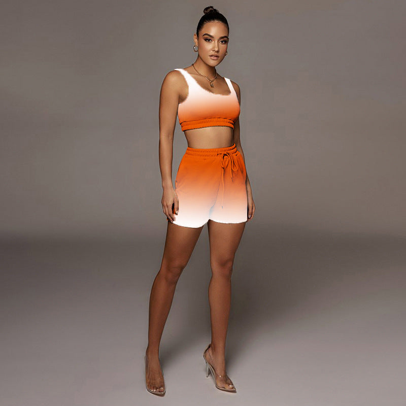 Sexy Gradient Casual Fitness Tank Top Shorts 2 Piece Suits
