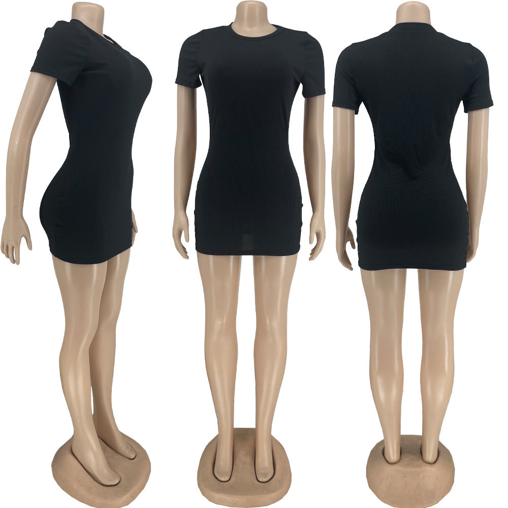 Sexy Plus Size Sexy Tight Solid Color Short Sleeve Mini Dress